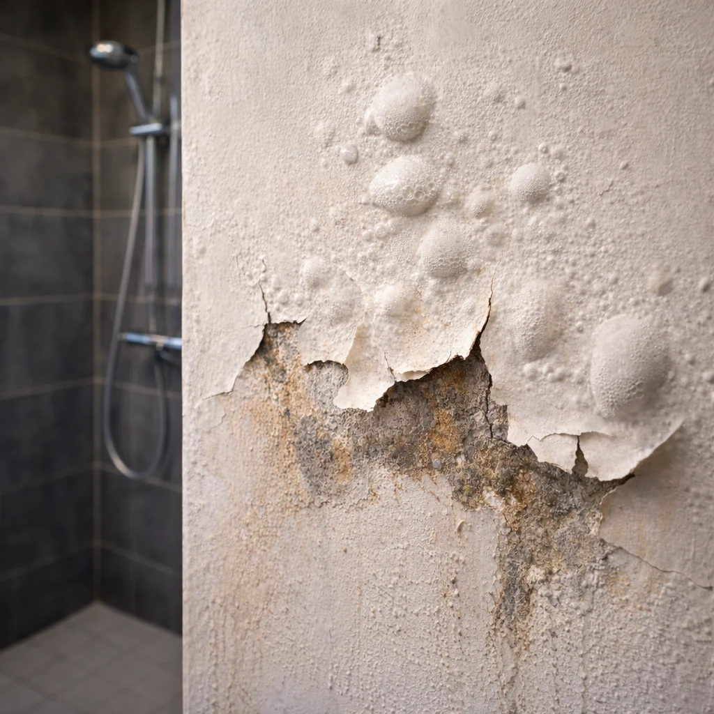 Bathroom wall with paint bubbling and lifting near a shower