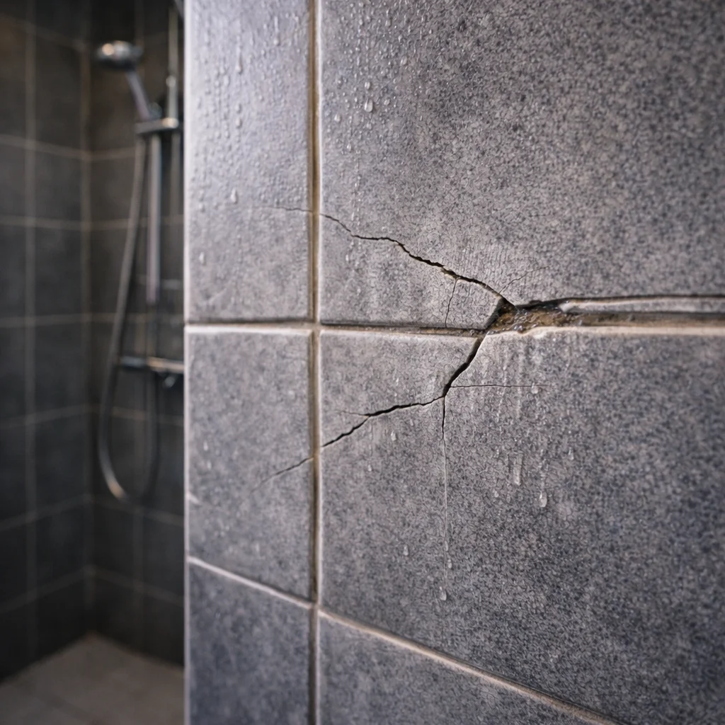 Close-up of cracked grey shower tiles with visible fracture lines
