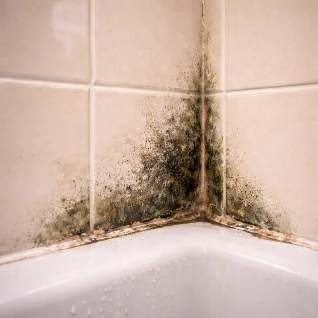 Black mould growing in the corner of a tiled shower base