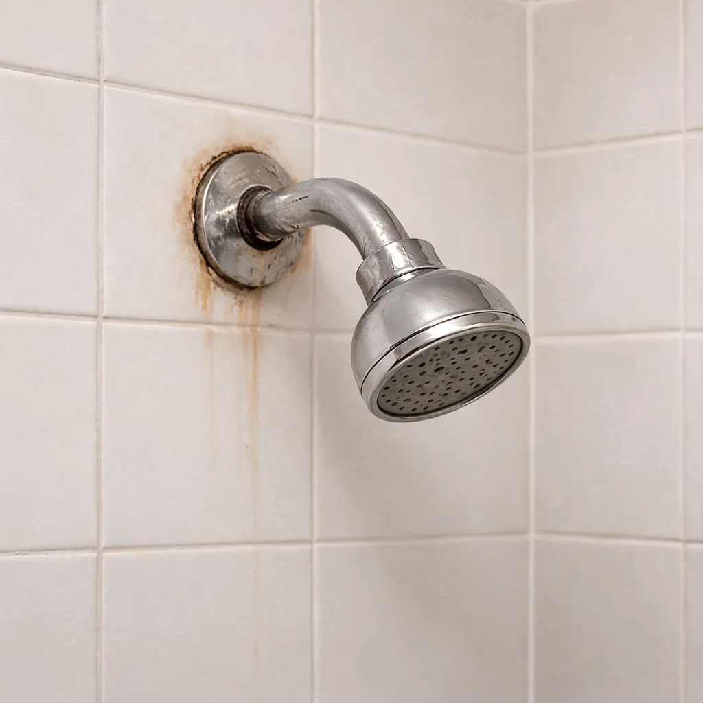 Bathroom cabinet pulling away from the tiled wall with a visible gap