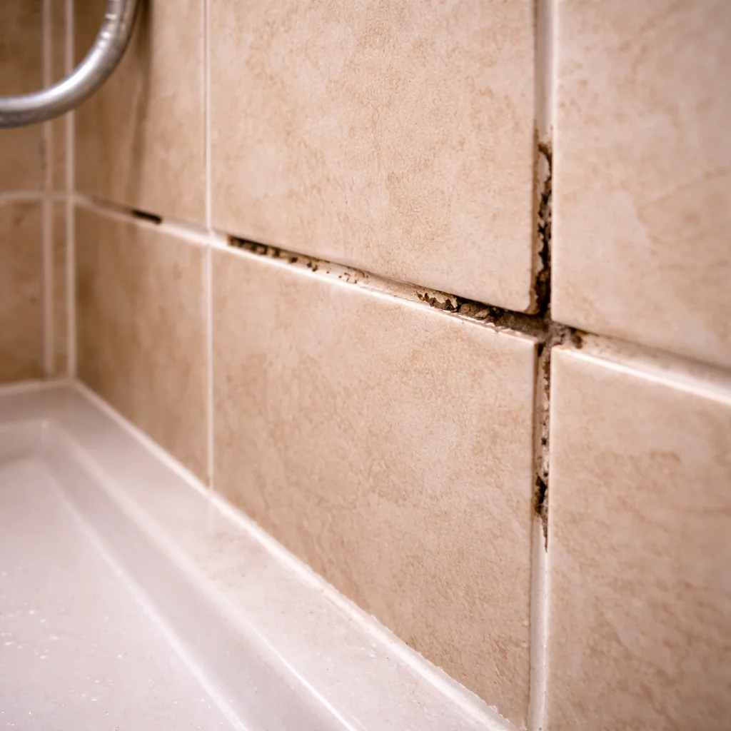 Gap between shower tiles where grout is missing