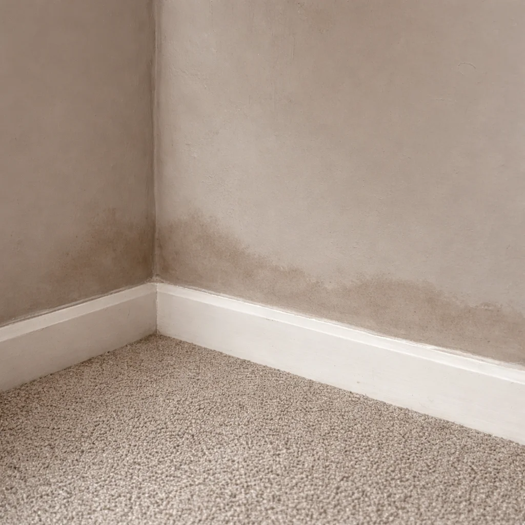 Interior wall showing damp marks rising upward from the floor