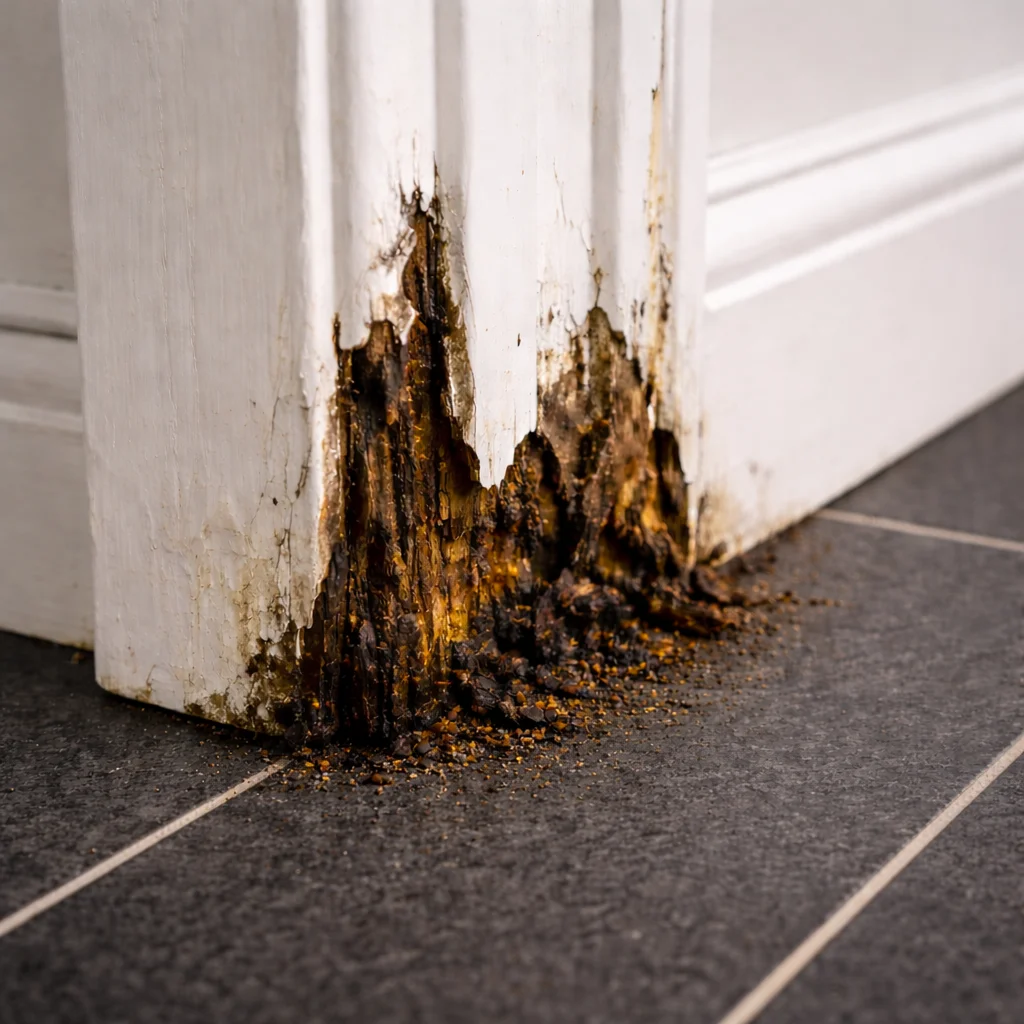 Door frame architrave with severe water damage and rotting wood