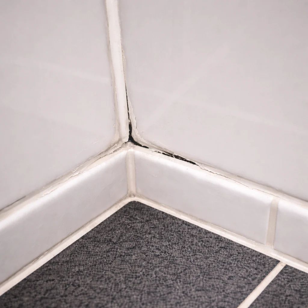 Broken silicone seal along the edge of a shower corner