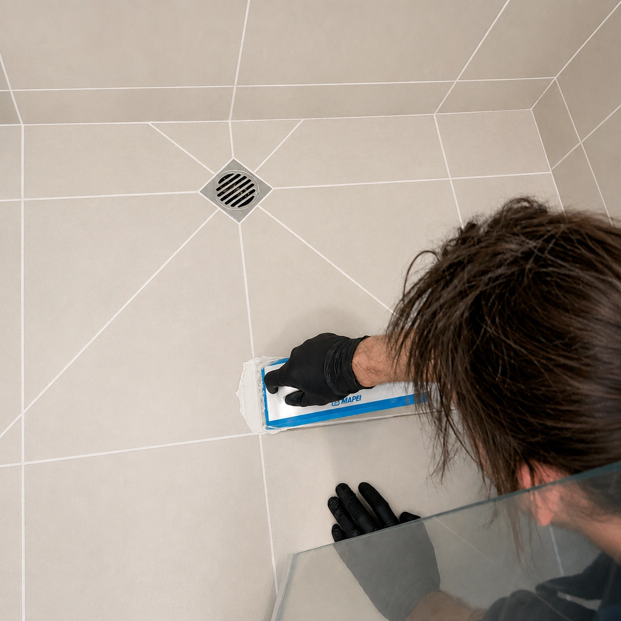 Applying fresh epoxy grout to reseal shower tile joints