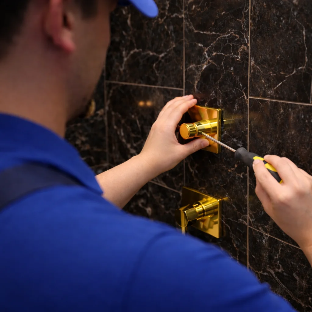 Technician repairing a leaking shower mixer by tightening a gold shower tap on a tiled wall