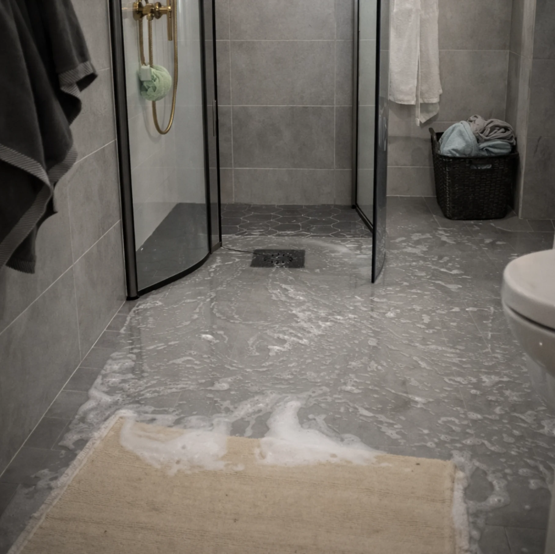 Bathroom floor flooded with water and soap bubbles from a leaking shower