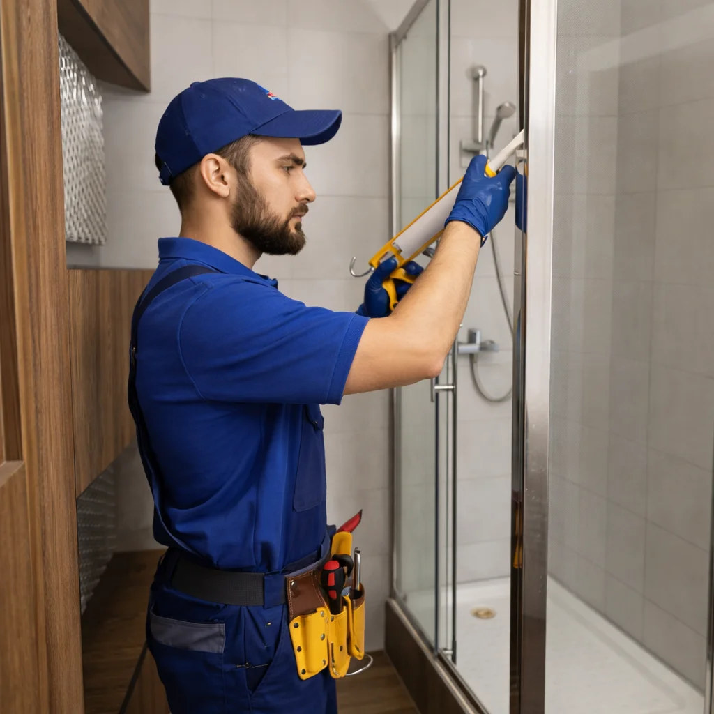 Shiny Shower specialist sealing a shower screen with a caulking gun to repair a leaking shower