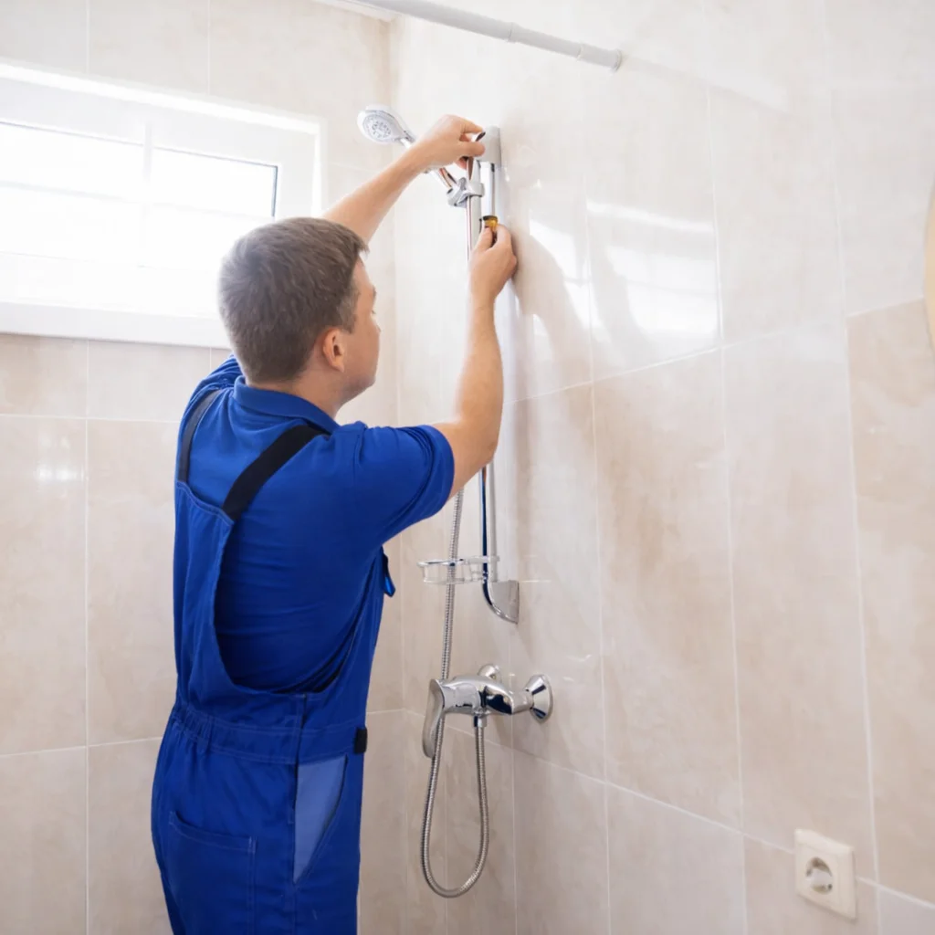 Technician repairing a shower head and wall fittings during a leaking shower repair