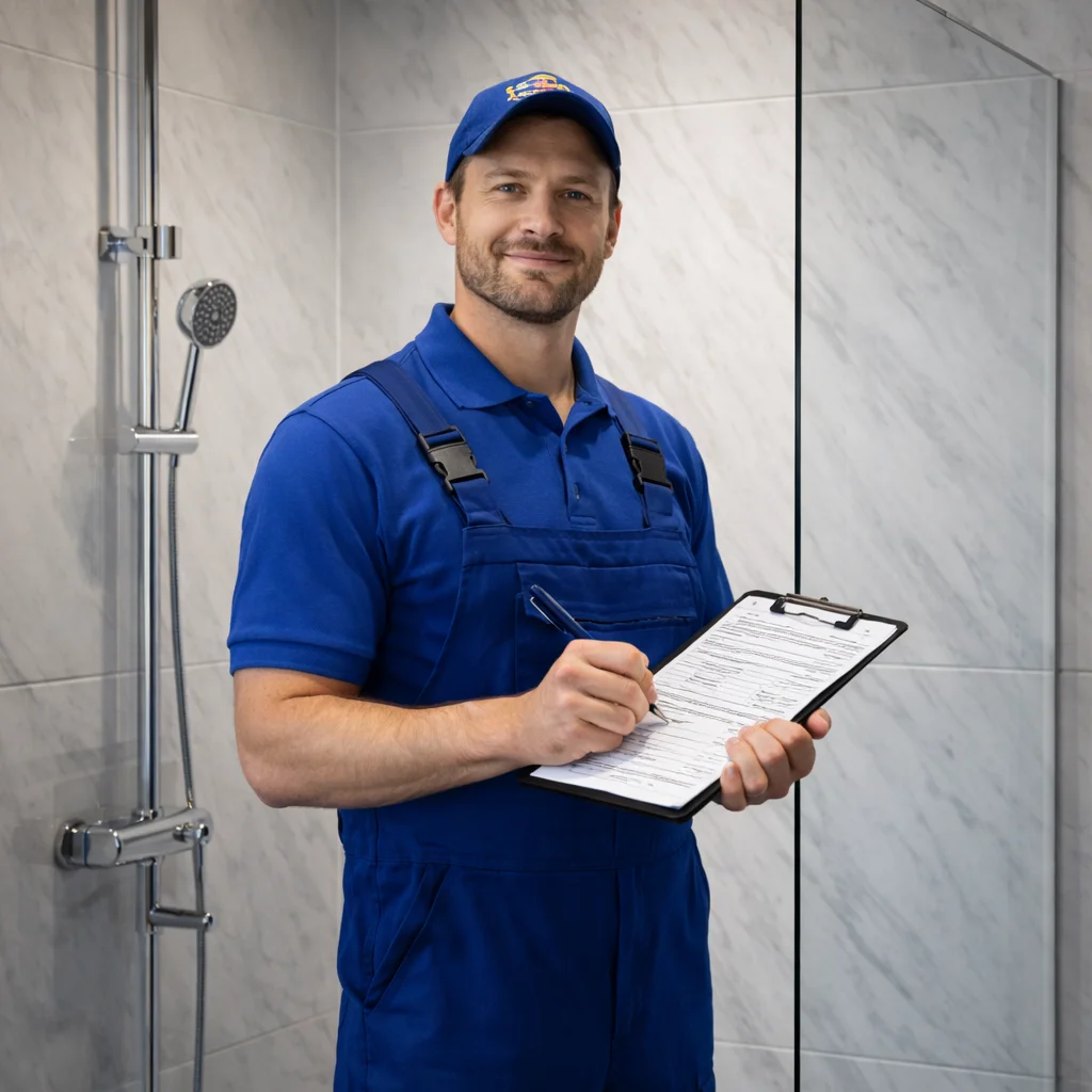 Technician inspecting shower tiles and joints for the source of a leak
