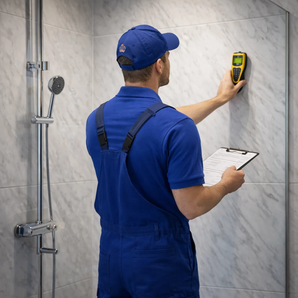 Technician inspecting a shower base and wall tiles for leaks