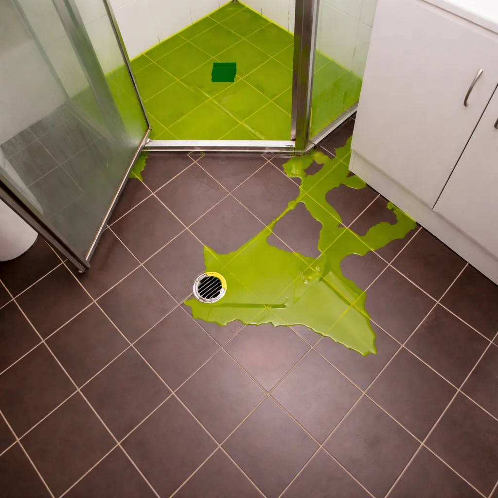 Bright green leak detection dye spreading from a shower base onto a bathroom floor during a shower leak test