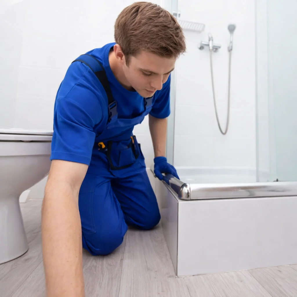 Shiny Shower specialist inspecting the base of a shower for signs of a leaking shower