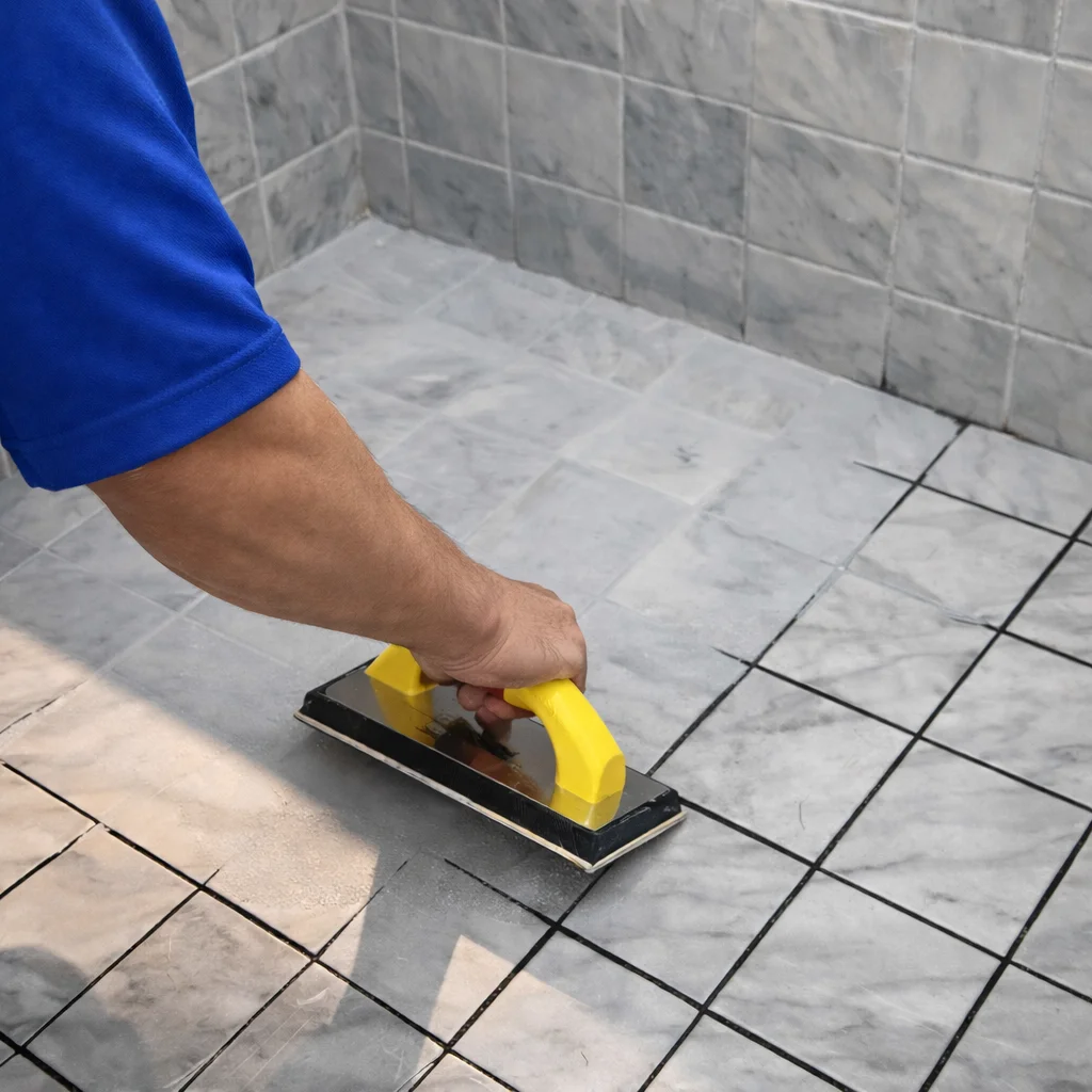 Applying grout to shower base tiles using a grout float during tile repair