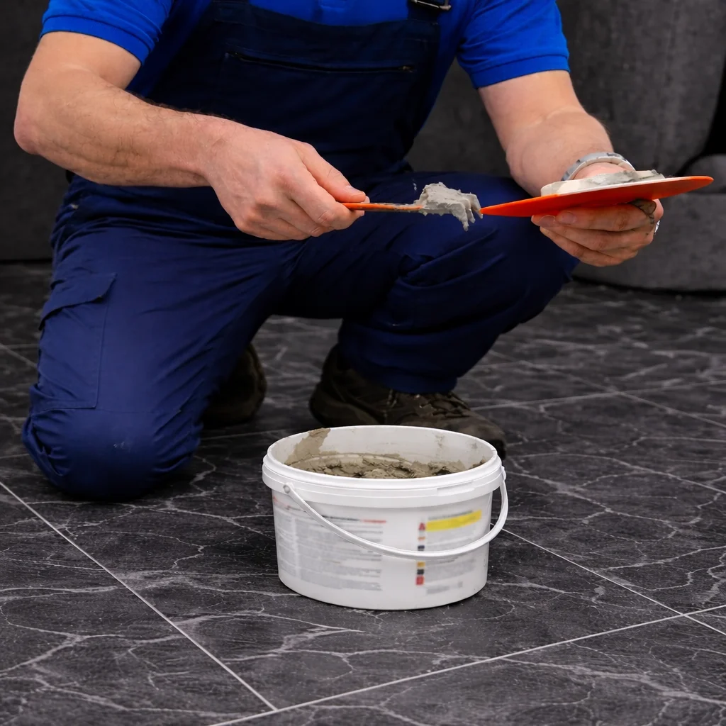 Tradesperson kneeling on tiled floor mixing tile grout from a bucket using a trowel and grout float