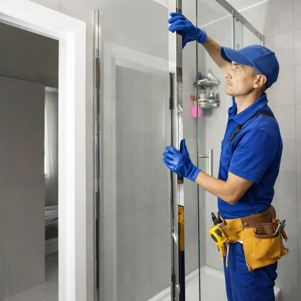 Shiny Shower specialist installing a shower screen panel during a leaking shower repair